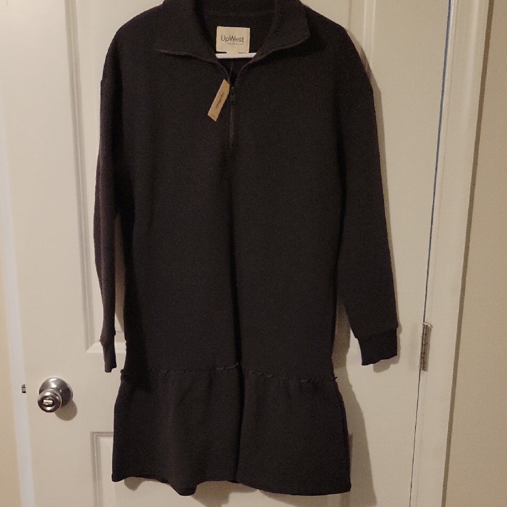 UpWest Charcoal Grey Zip-Neck Knit Sweatshirt mini Dress with Flared Hem